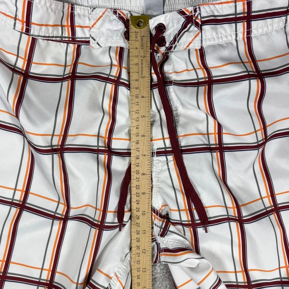 Old Navy Mens Plaid Swim Trunks Board Shorts White Orange Burgundy Size L‎
